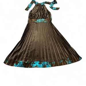 Brown and Teal Pleated Tie-Back Satin Halter Dress, Size Large